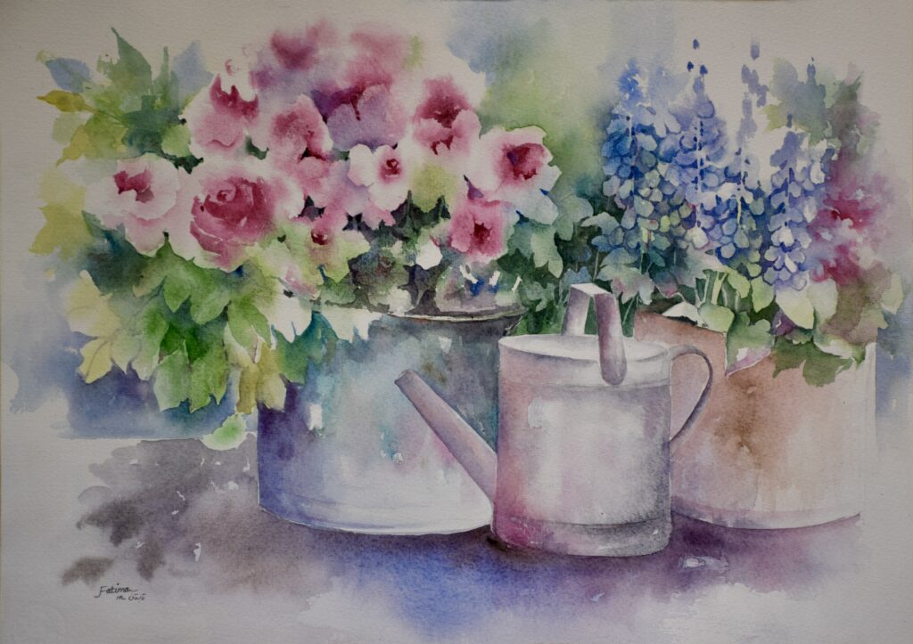 Flowers in Silver Watering Cans