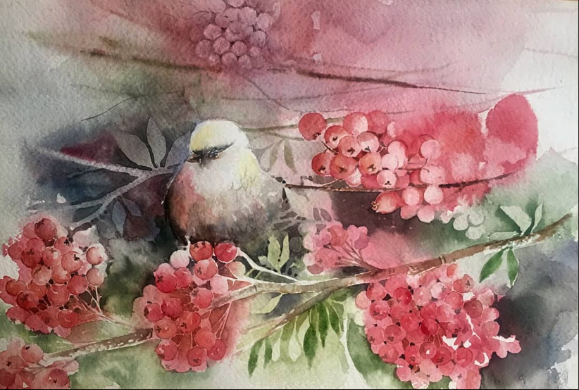 Bird Among Rose-Colored Berries