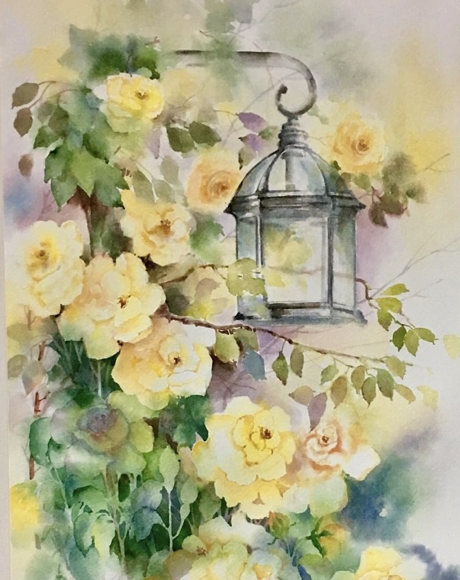 Lantern Among Yellow Roses