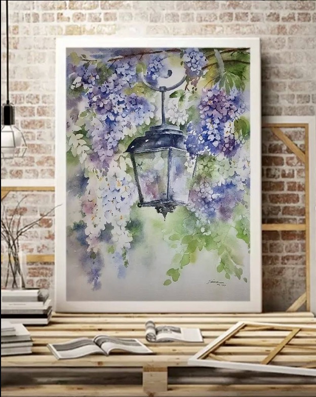 Lantern Beneath a Wisteria Cascade