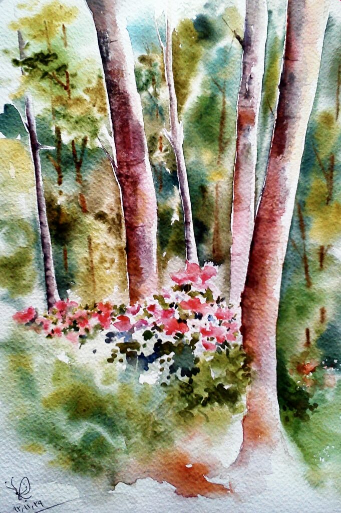 Wildflowers Among Pale Trunks