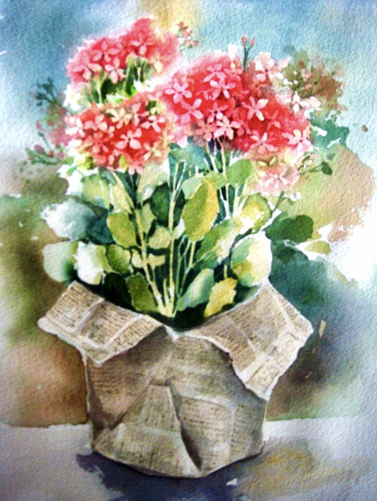 Crimson Flowers in a Newspaper Vessel