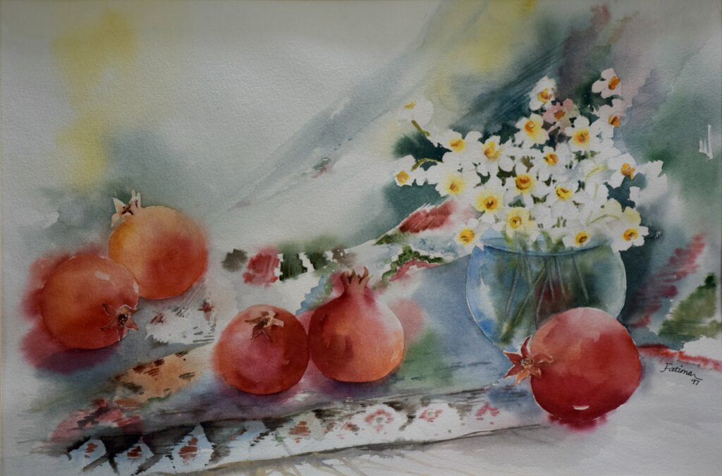 Pomegranates Beside White Blossoms