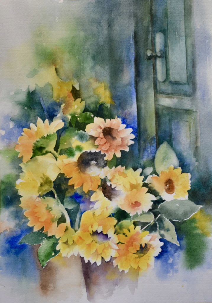 Sunflowers Beside the Blue Shutter